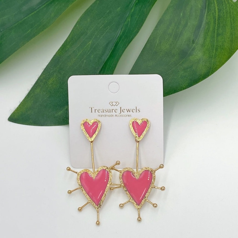 Spike Heartburst Pink Heart Gold Plated Dangle Earrings Treasure Jewels Brand